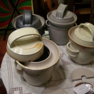 Handcrafted crocks, in the style of German Harsch crocks by California potter Sarah Kersten (www.counterculturepottery.com).