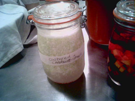 Cultured cabbage juice, a sort of liquid sauerkraut.