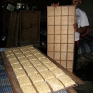 Releasing shaped tempeh blocks in bags onto bamboo racks.