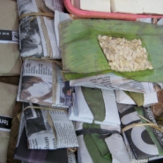 Partially fermented tempeh for sale in a Javanese market. Bring it home and the next day it\'s ready to eat.